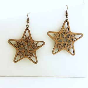 Earrings Stars Wood Boho Filigree Brown Gold Tone Mandala Celestial Boho Hippie